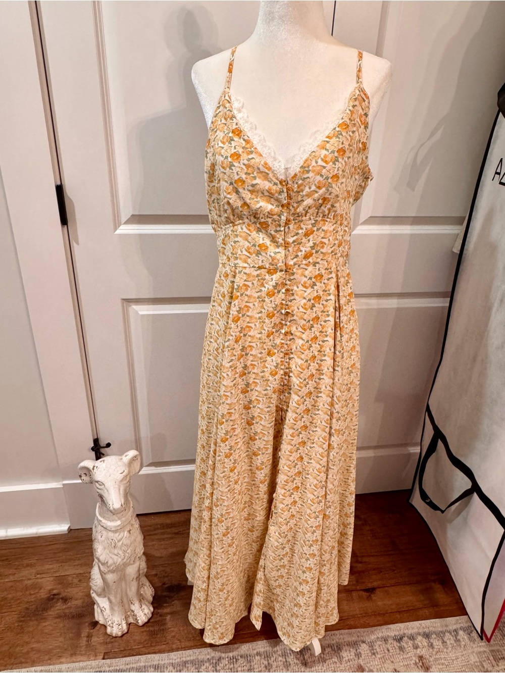 Floral Lace-Trim Spaghetti-Strap Maxi Dress in Yellow